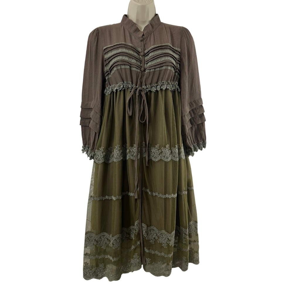 Ryu Brown Olive Green Lace Mesh Mixed Media Boho Midi Dress Medium